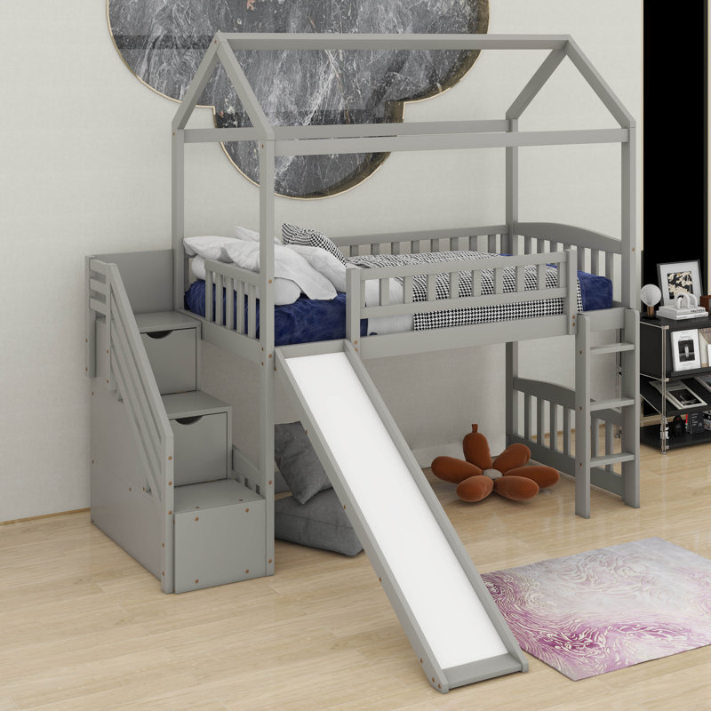 Lit mezzanine simple avec glissade, Gris