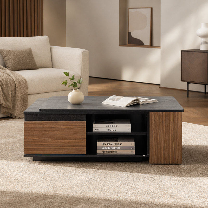 Table basse extensible, table basse en bois réglable en longueur avec 2 tiroirs de rangement pour le salon, grande table centrale rectangulaire longue