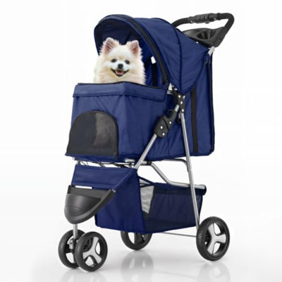 3 Wheels Pet Stroller, Foldable Dog Cat Cage Jogger Stroller With Weather Cover For All-Season, Storage Basket And Cup Holder, Breathable And Visible Mesh For Small/Medium Pets, Blue