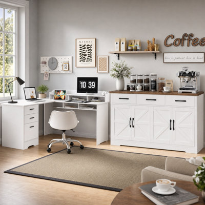 2-Piece Home Office & Dining Room Furniture Set with L-Shaped Desk and Farmhouse Storage Cabinet