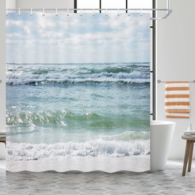 Ocean Waves Nautical Fabric Shower Curtain Set - Blue & White Beach Theme, 72x72IN with Hooks
