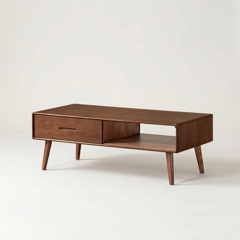 Table basse Mid-Century moderne en chêne massif 47 po avec tiroir, Brun teint chêne, H 16,93 po x L 47,24 po x l 22,05 po