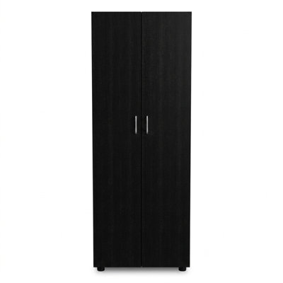 Armoire-penderie en bois blanc de 60 cm (23,6 po) avec double porte, tringle dissimulée et deux étagères intérieures.