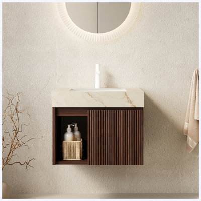 Meuble-lavabo suspendu de 76 cm avec lavabo, comptoir en pierre frittée couleur crème veinée or et lavabo en céramique, 3 trous pour robinetterie, aspect bois de noyer.