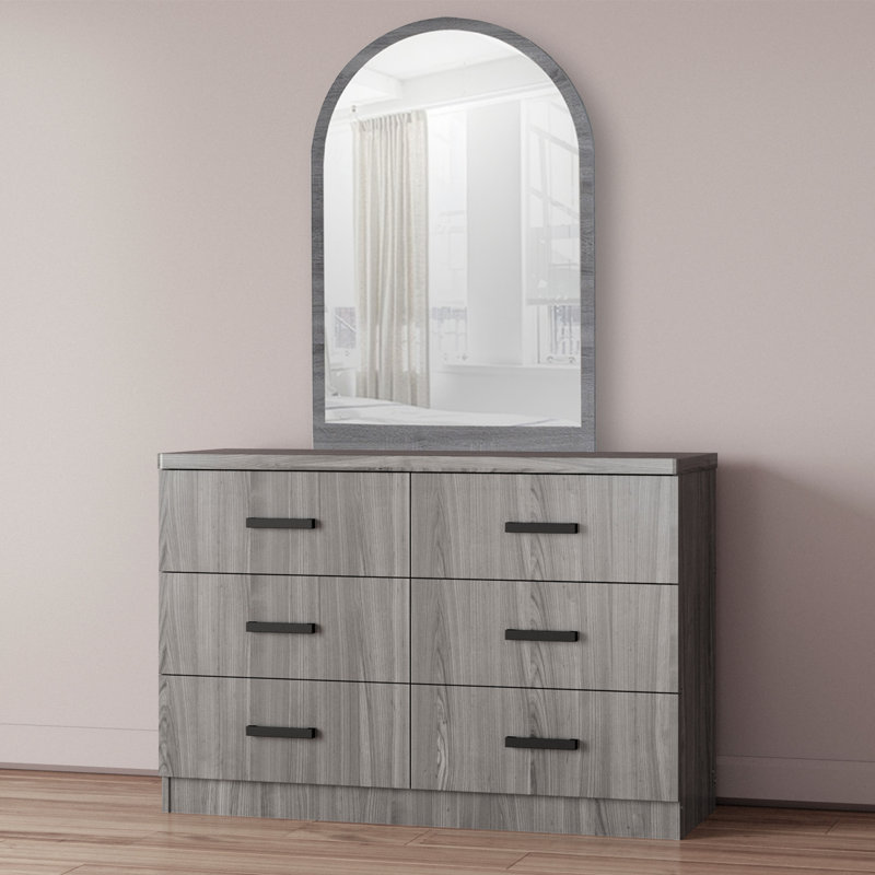 Commode double 6 tiroirs en bois avec miroir, Gris
