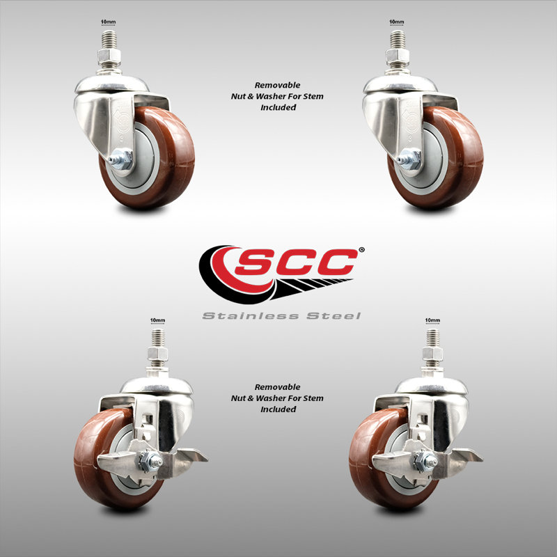 3.5 Inch 316SS Maroon Polyurethane 10mm Threaded Stem Caster Set 2 Brakes