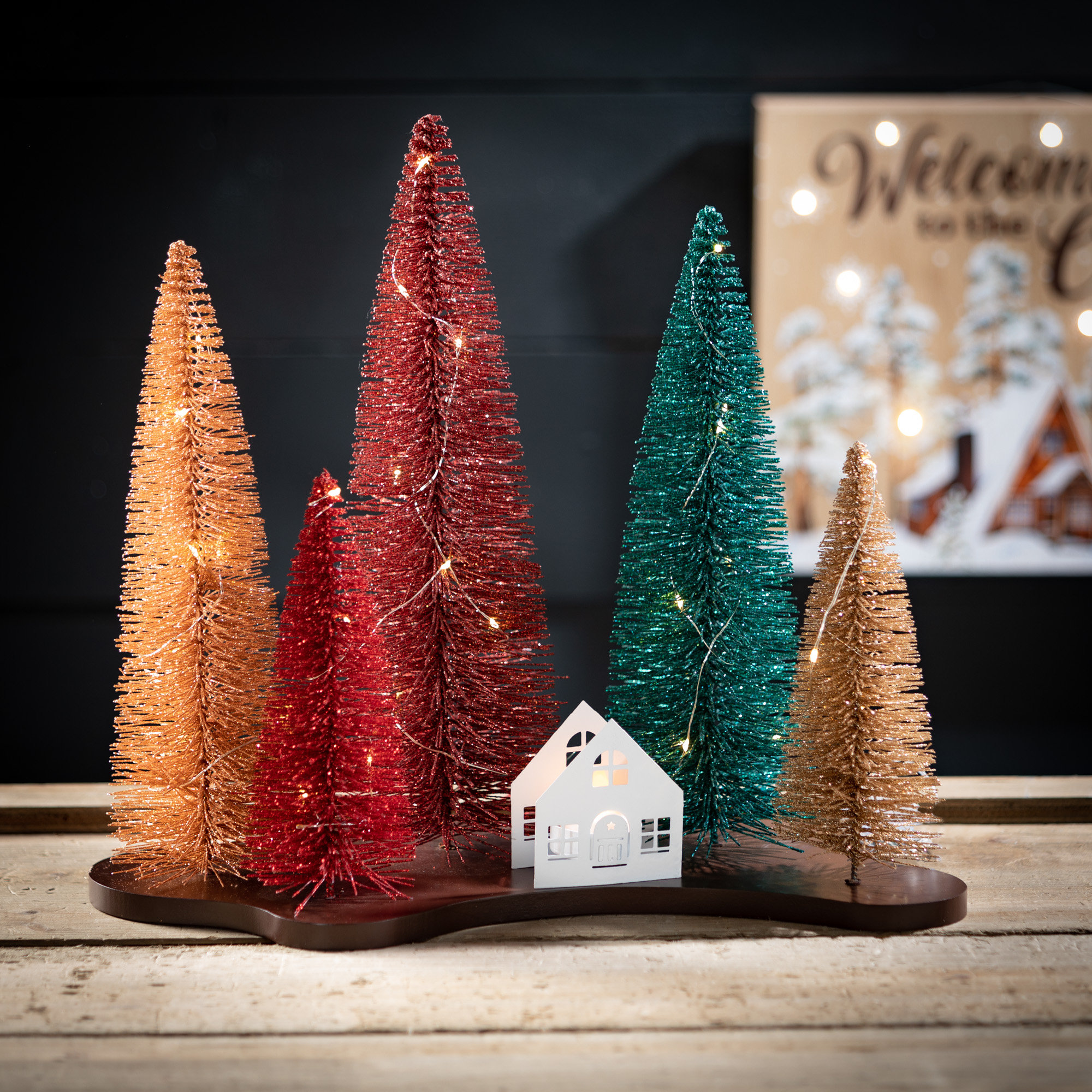 Set of 2 LED Pre-Lit Gold Mini Bottle Brush Pine Christmas Village Trees