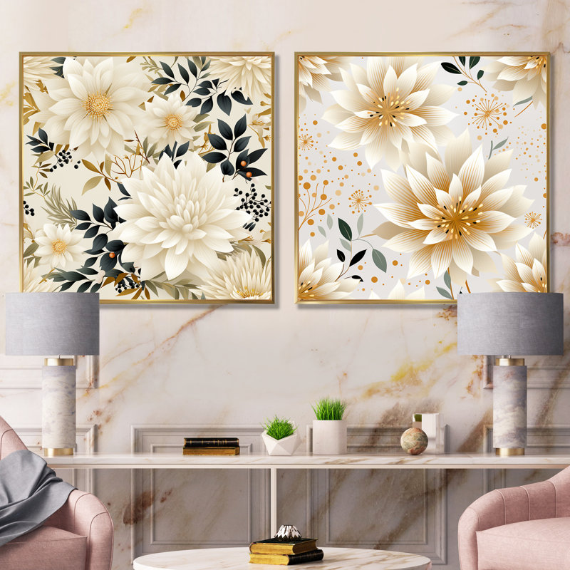 Blagnac - Ensemble de 2 impressions sur toile florales, Encadrement doré, H 16 po x l 33 po x P 1 po