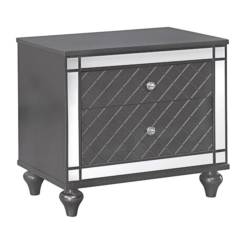 Table de chevet Reff, 2 tiroirs à queue d'aronde française, boutons en cristal, gris