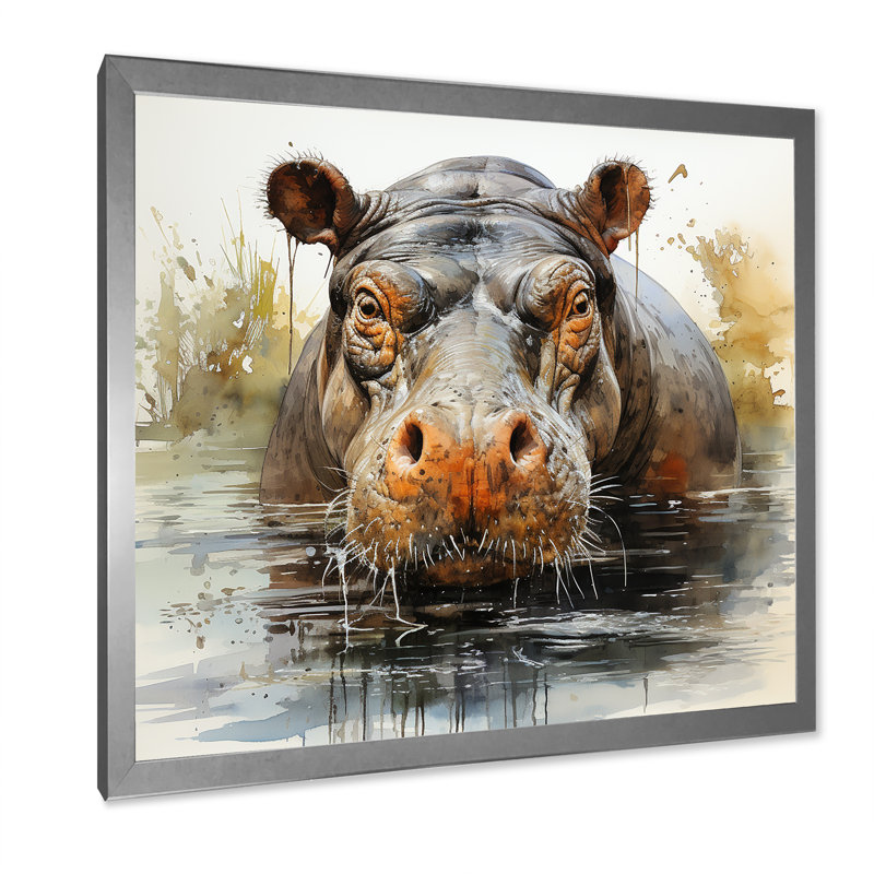 Hippopotame gris et gris, Cadre simple argenté, H 16 po x l 16 po x P 1 po