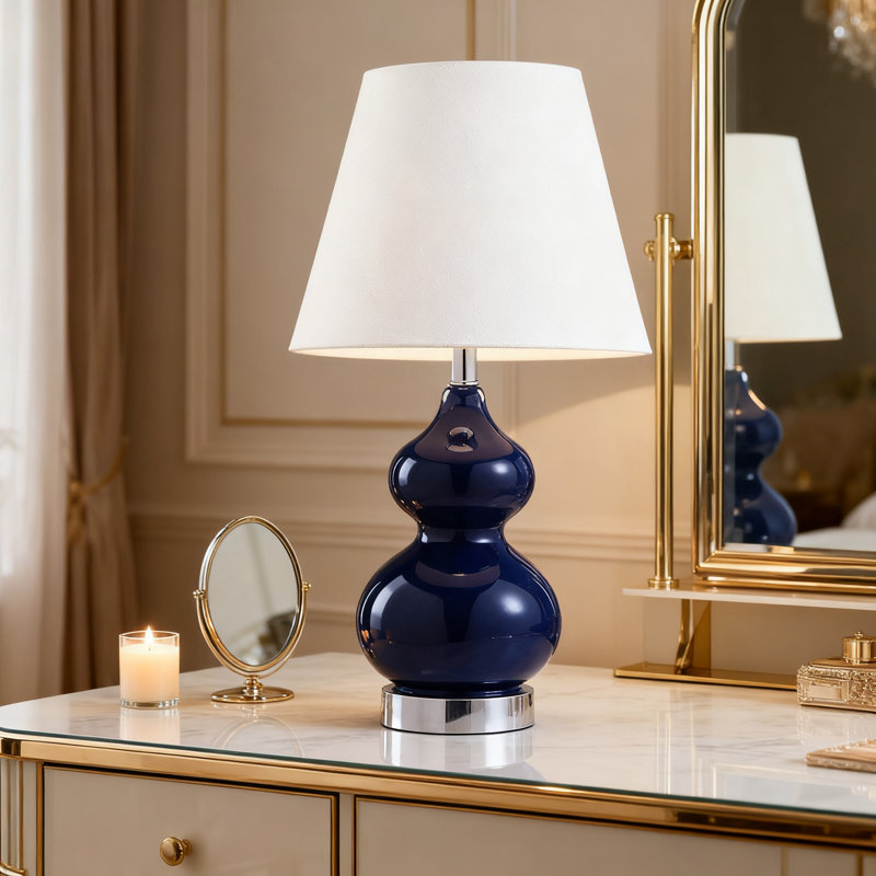 Lampe de table à double gourde avec ampoule à DEL pour chambre à coucher, salon, bureau à domicile ou table de chevet, abat-jour bleu marine et blanc cassé