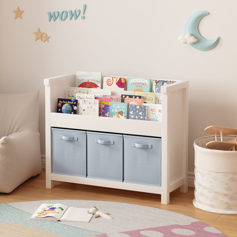 Bibliothèque en bois avec rangement à 3 niveaux et 3 bacs en tissu