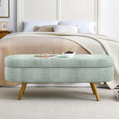 Rangement ovale cyan, pieds en bois d'hévéa, 43,5 po x 16 po x 16 po, fait à la main, fonction de tabouret ou de siège, cadre, espace de rangement, utilisation du siège, avantage