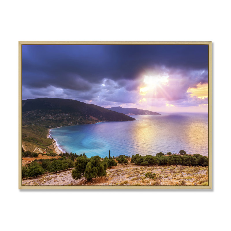Été coucher de soleil sur la mer - art mural sur toile nautique et côtier, H 20 po x l 12 po x P 1 po, Cadre flottant brun