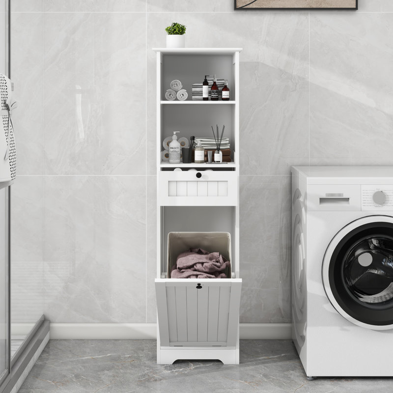 Armoire de trieur de linge inclinable en blanc - un compartiment, un tiroir, fabriqué en E1 avec peinture pour un rangement pratique et durable