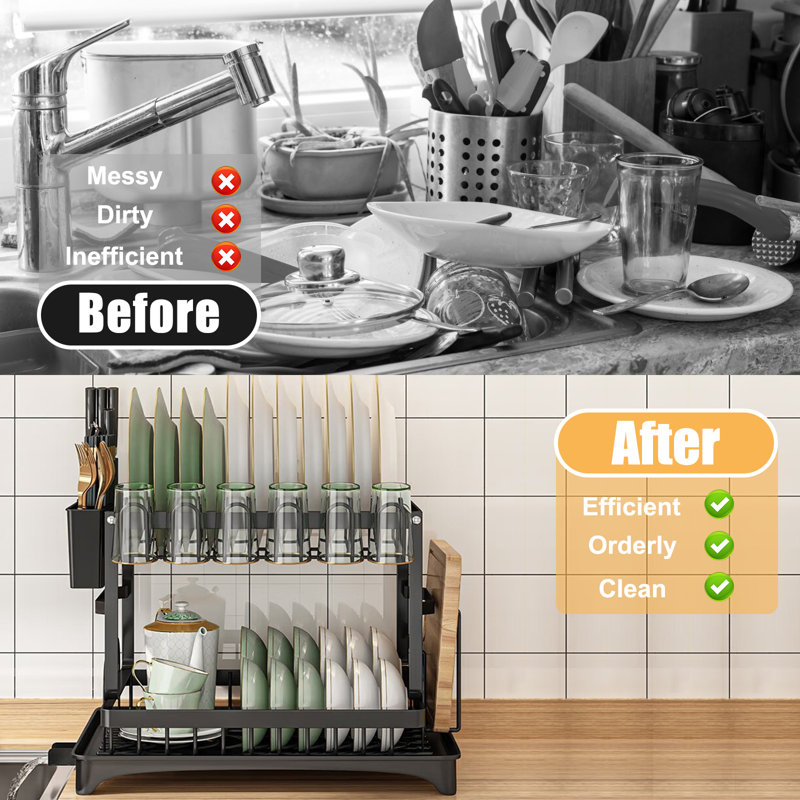 Black 2-Tier Foldable Metal Dish Drying Rack with Utensil Cup
