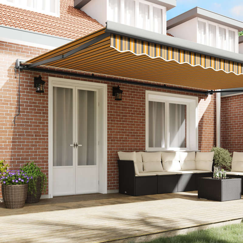 Ebern Designs Polyester Cover Retractable Patio Awning, 500 cm W x 300 cm D, Multicolour Striped