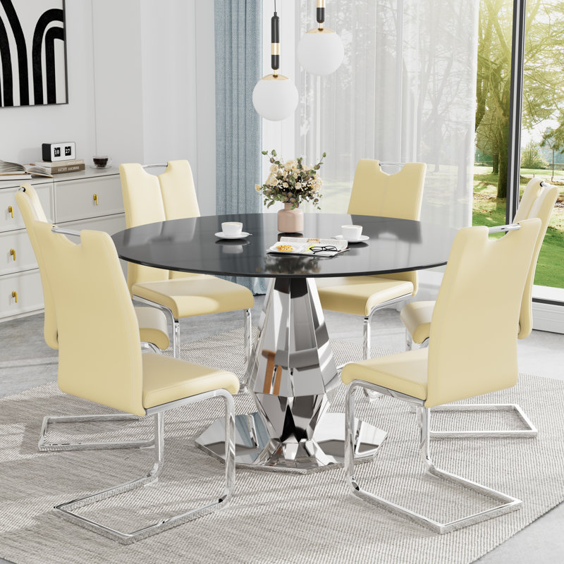 Round Pedestal Tempered Glass Dining Set, Beige, Silver