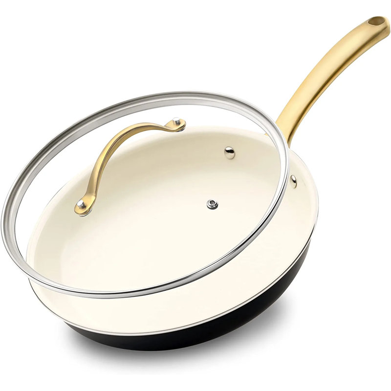 8-Inch White Ceramic Non-Stick Fry Pan with Golden Handle and Lid