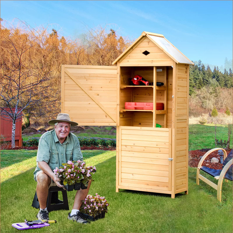 Outdoor Storage Shed, Small Waterproof Garden Tool Shed with Shelves, Roof Storage & Lockable Doors, Compact Wood Storage Cabinet for Patios, Backyards, Balconies