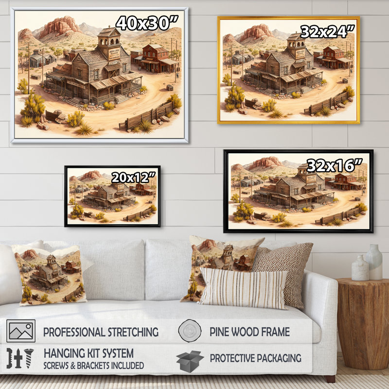 Arizona Wild West Town I - Impression sur toile, H 24 po x l 32 po x P 1 po, Cadre flottant doré