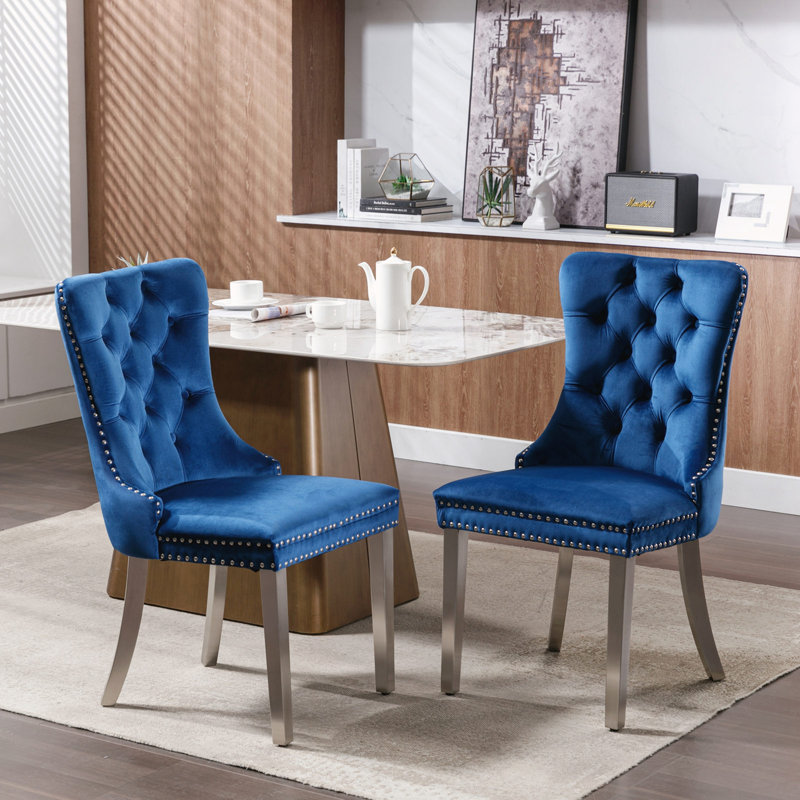 Chaise rembourrée haut de gamme contemporaine en bois massif touffeté, Bleu, Argent