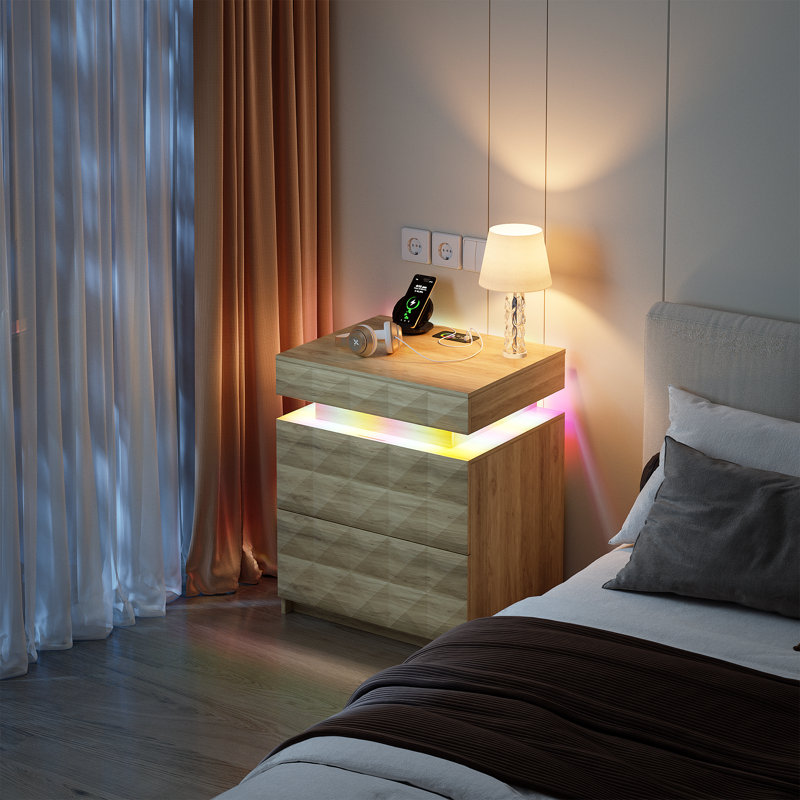 Table de chevet moderne l 19,7 po Ashten avec 3 tiroirs diamantés, éclairage intelligent et charge, Chêne