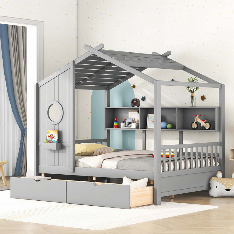 Wooden House Bed, Grey, Twin