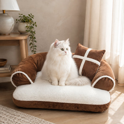 Fully Removable Washable Pet Sofa Bed – Soft Plush U-Shaped Dog & Cat Couch with Cross-Pattern Pillow, Non-Slip Bottom & Warm Winter Design (M/L, Brown)