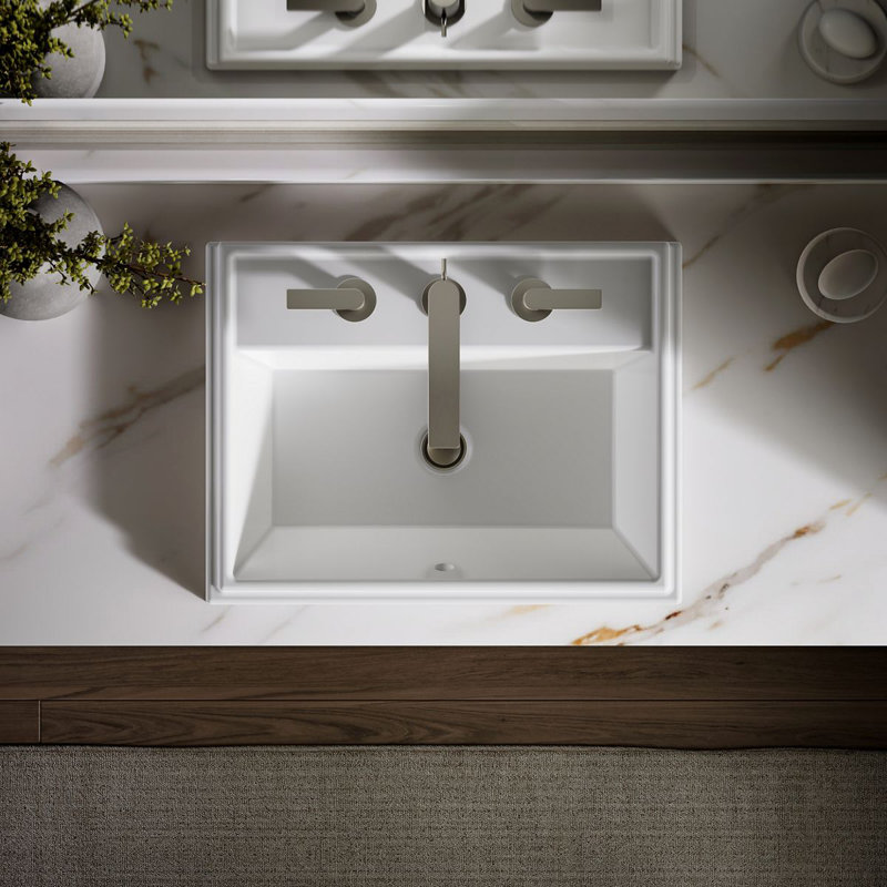 Lavabo de salle de bain rectangulaire encastré en céramique avec trop-plein Tresham®, Blanc, 8 po espacé
