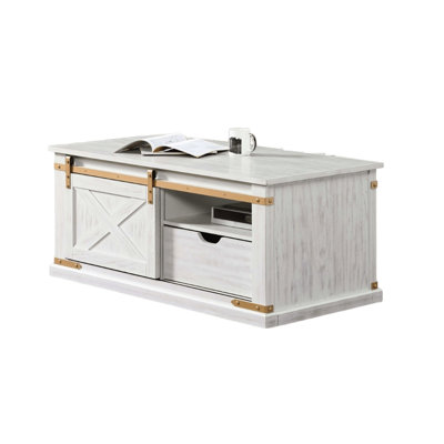 Antique White And Gold Rustic Coffee Table With Storage Drawer, Pull Out Open Shelves, Rectangular Shape, For Primary Living Space, 48"L X 24"W 20 1/4"H Barnyard Style 1Pc