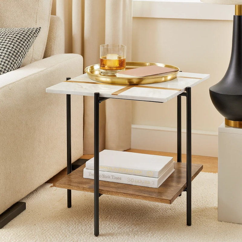 Table d'appoint Broy, plateau en marbre blanc de 22 pouces avec incrustation de bois, tablette inférieure
