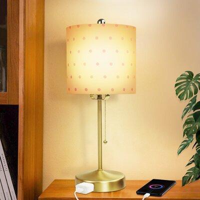 24''Modern Bedside Table Lamp With Power Outlet Lamp Metal Brass Base Fabric Shade Pull Chain Switch Nightstand Desk Lamps For Living Room -  Everly Quinn, F5BDF35A69E44B0888C4E6E5426E08F8