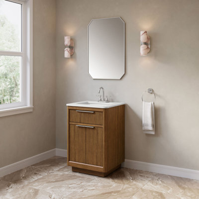 Meuble-lavabo double autoportant en noyer chaud avec plateau en pierre blanche OVE Xander