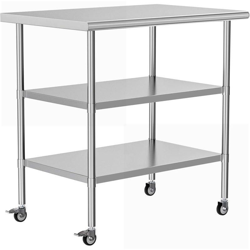 Table basse en acier inoxydable pour l'extérieur / restaurant, 24 x 36 pouces avec 2 tablettes réglables et roulettes, durable et facile à assembler