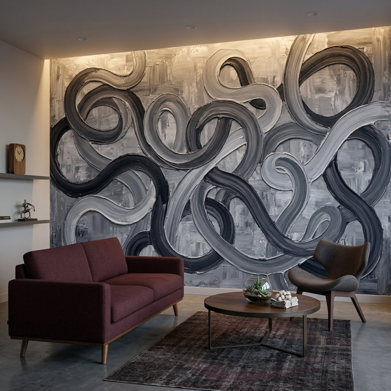 Décoration murale abstrait gris anthracite Loop, 100 po x 96 po, Peler et coller