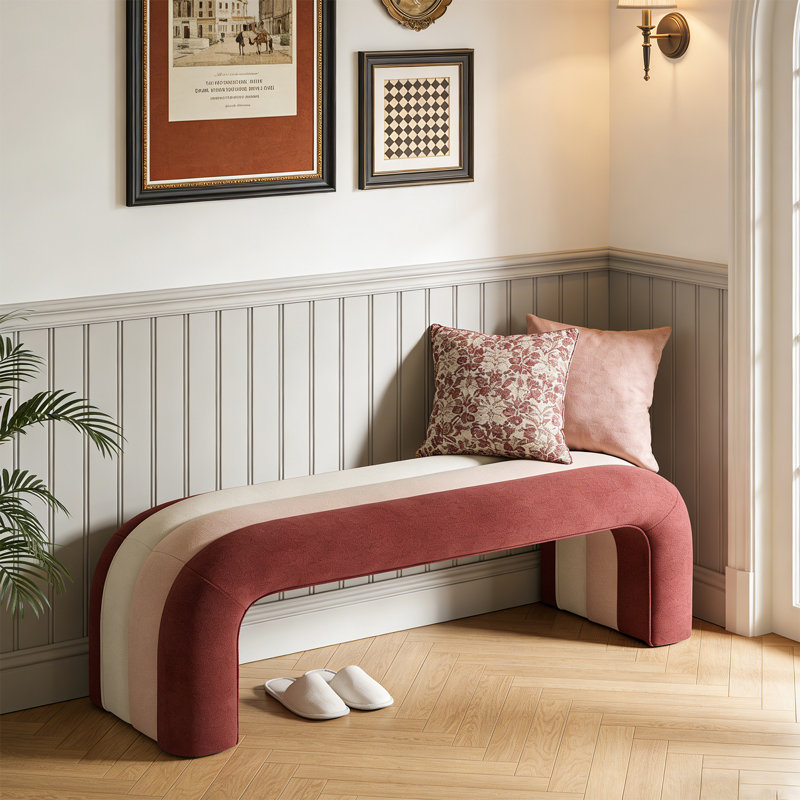 47" Boucle Upholstered Waterfall Bench, Pink