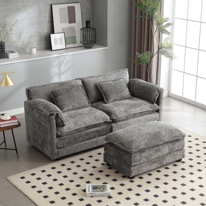 76.77" Chenille Loveseat With Ottoman, Gray Chenille