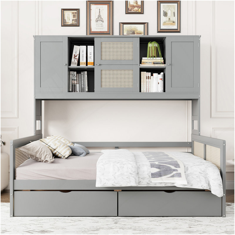 Lit de jour en bois double avec 2 tiroirs, armoire et tablette tout-en-un, gris