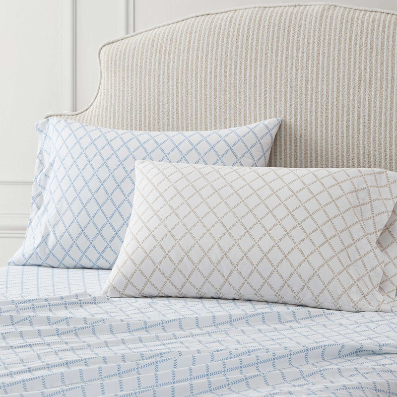 Martha Stewart Cotton Percale  Sheet Set, Twin Sheet Set with 1 Pillowcase, Leaf Trellis Blue