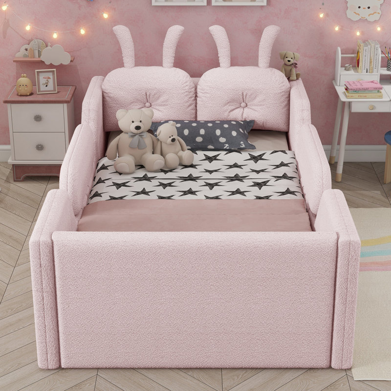 Lit plateforme tapissier moderne avec coussin en lapin, lit tapissier au sol avec rails latéraux amovibles, Rose