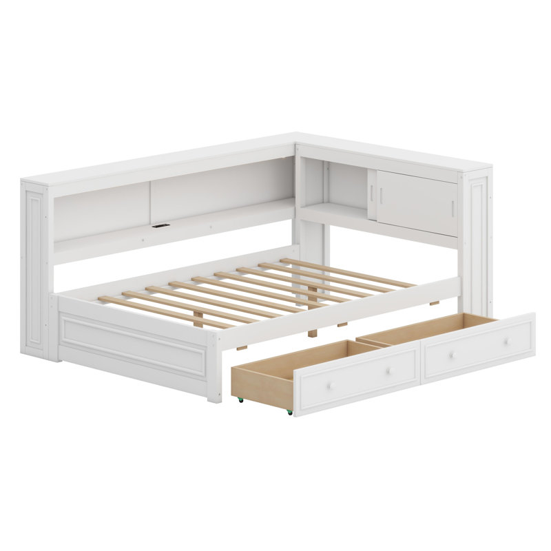 Lit de jour moderne avec tablettes de rangement intégrées, ports USB intégrés, éclairage à DEL et tiroirs, Blanc