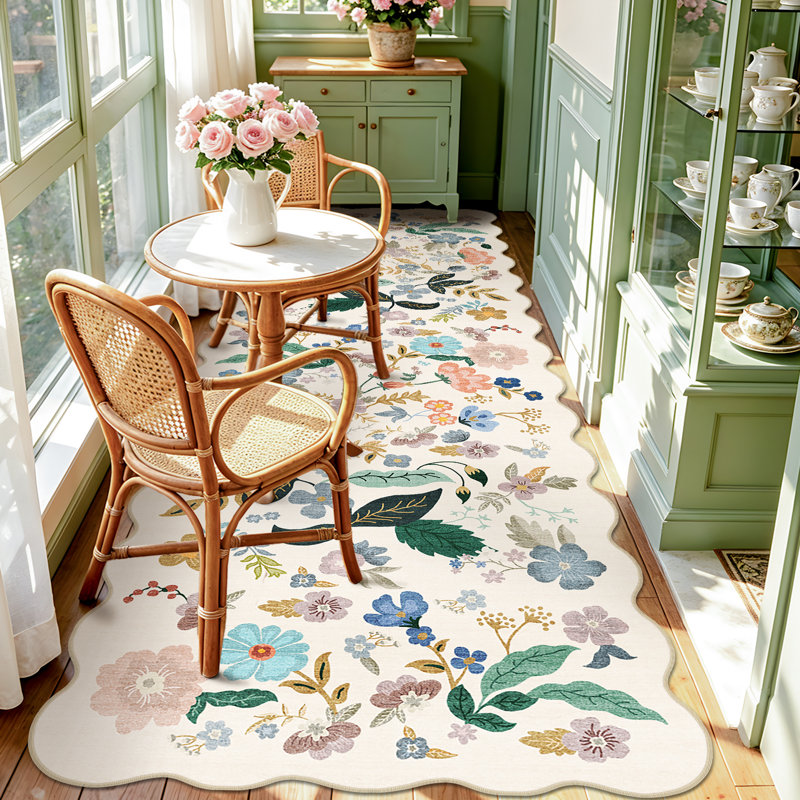 Washable 4x12 Wide Area Rug: Hallway Soft Floral Scalloped Carpet Water Resistant Non-Slip Runner Rug for Entryway Kitchen Dining Room Low Pile Floor Mat for Living Room Bedroom Nursery(4x12,Cream)