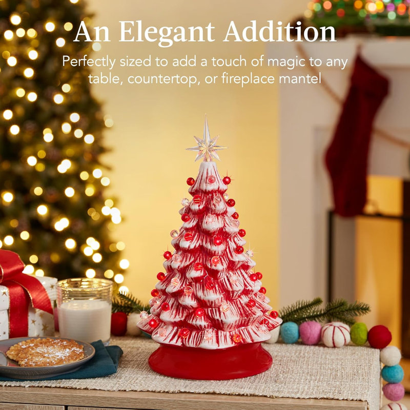 Arbre de Noël 15 po en céramique, arbre de Noël de table pré-éclairé peint à la main, 2 étoiles, 64 lumières - menthe poivrée avec ampoules rouges et blanches