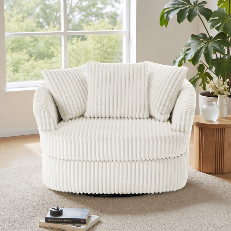 Ultra Plush Faux Rabbit Fur Oversized Swivel Barrel Chair with Three Pillows, Beige