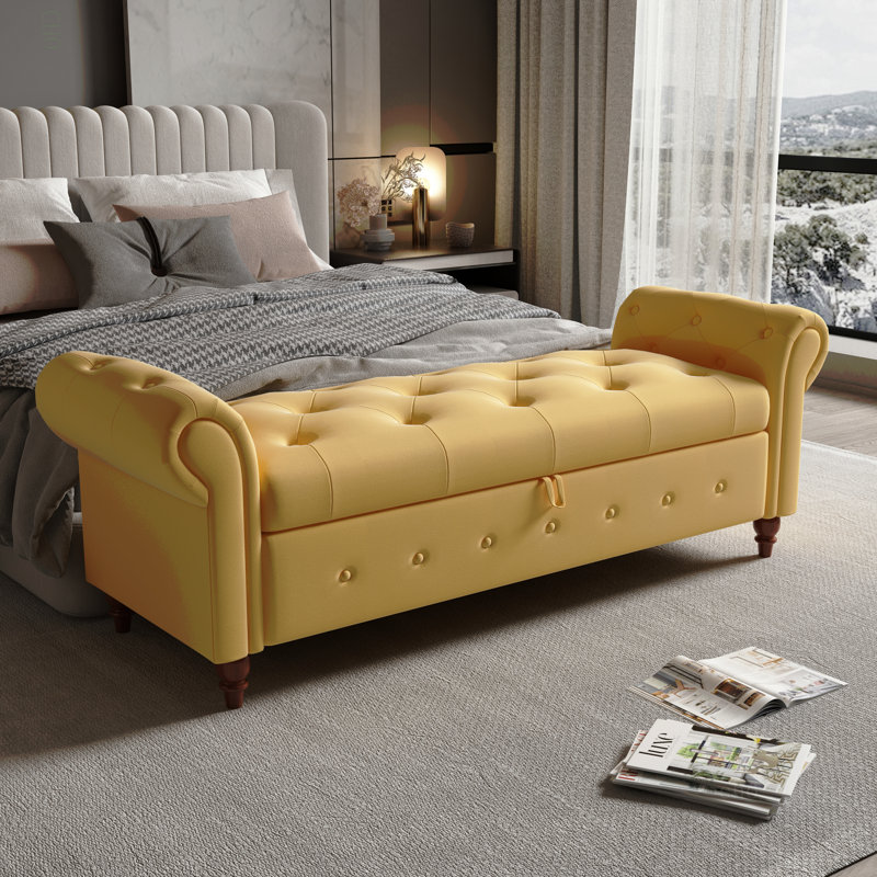 63" Bed Bench Yellow Fabric, Yellow