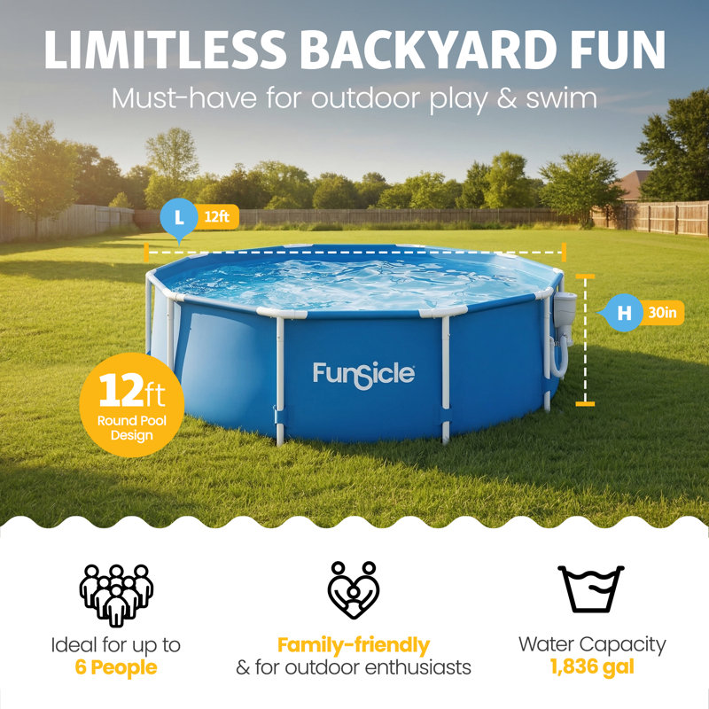 Funsicle 8ft x 30in Outdoor Activity Round Above Ground Swimming Pool with Pump, 12 pi x 30 po, SkimmerPlus Pump