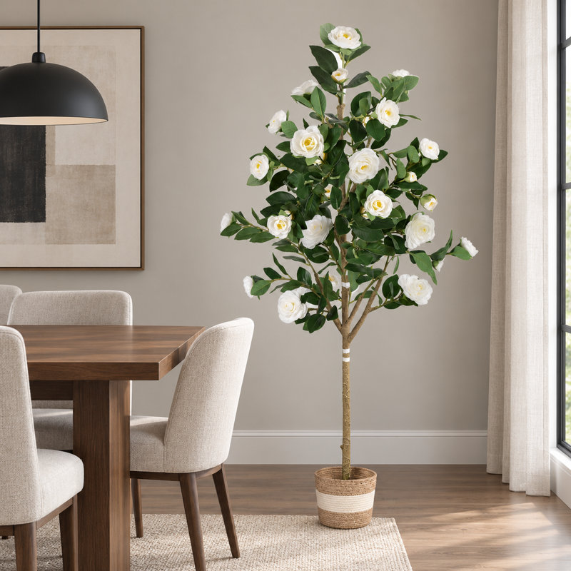 Arbre de camélia artificiel, plante en pot pour décoration de porche intérieur