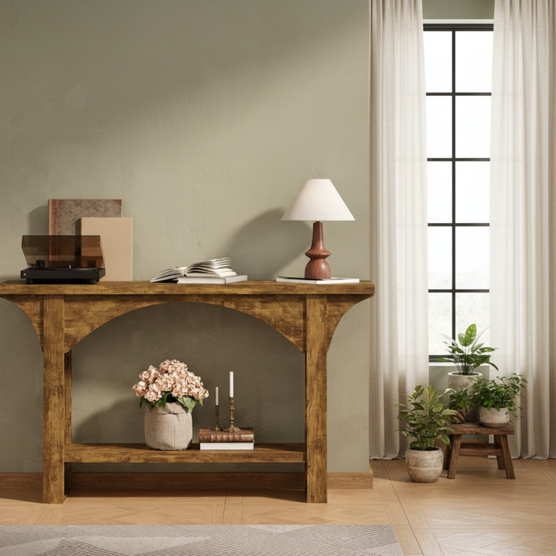 A Practical Brown Entryway Table, Suitable For Both The Foyer And Living Room.