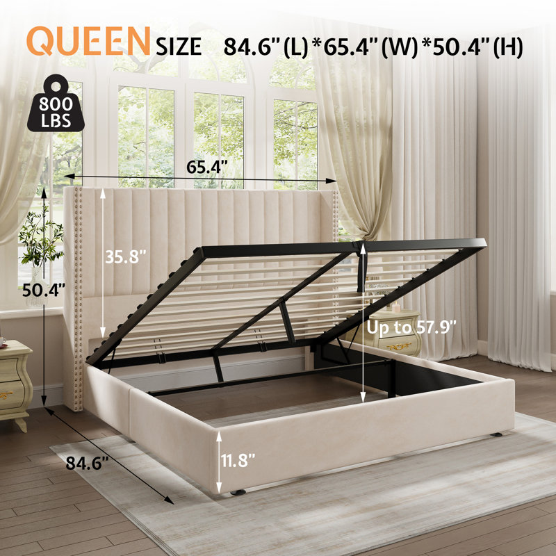 Addesyn Queen Hydraulic Lift Storage Bed, Upholstered Wingback Bed with Channel Tufted Headboard, Cream, Queen, Cream